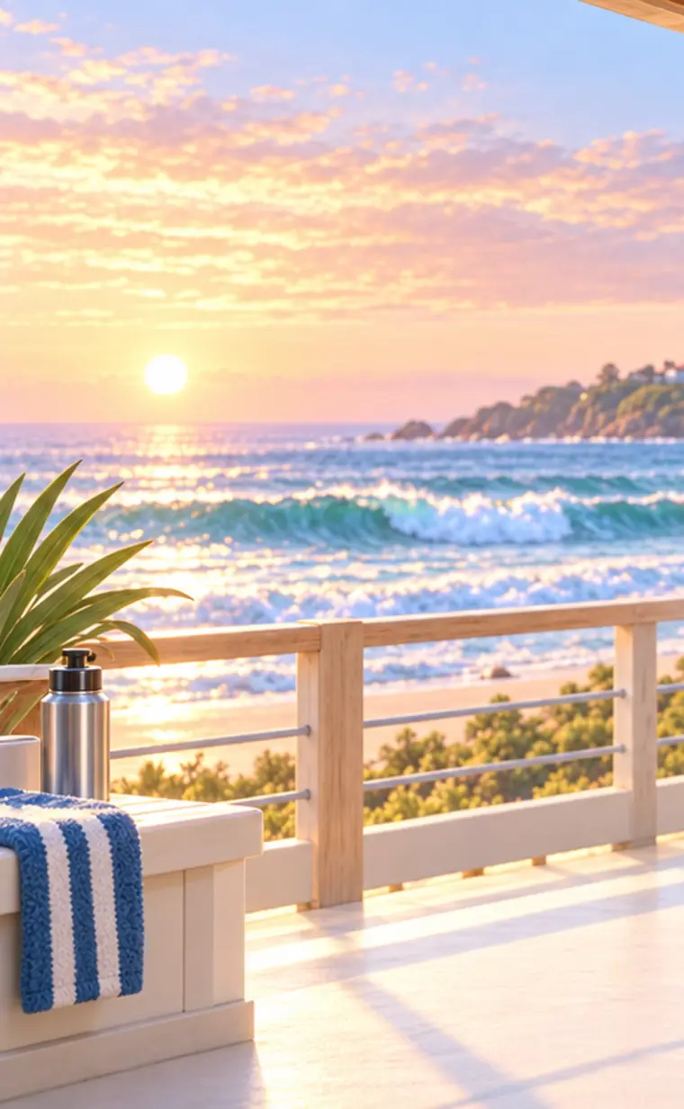 Dawn over a surf beach, seen from the deck of a lifesaving tower